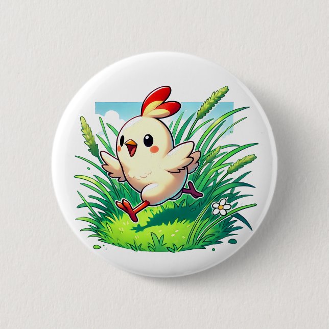 Välkomlig kyckling som springer lyckligt knapp (Framsida)