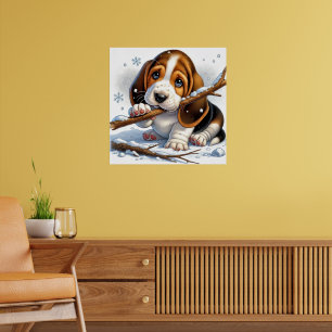 Välkomlig marionett som håller en snöpil poster