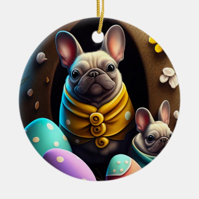 Välkomlig pug med Påskägg A Festive and Cute Julgransprydnad Keramik (Framsidan)