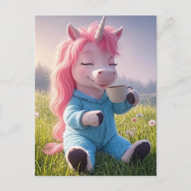Välkomlig Unicorn med kaffe Vykort (Framsida)