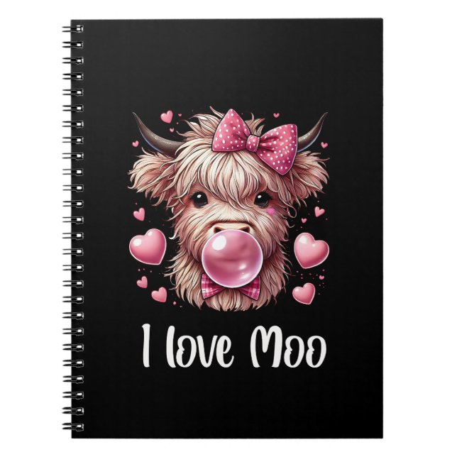 Välkomlig Valentine Highland Cow (vit text) Anteckningsbok (Framsidan)