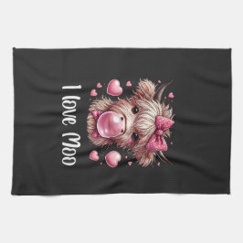 Välkomlig Valentine Highland Cow (vit text) Kökshandduk