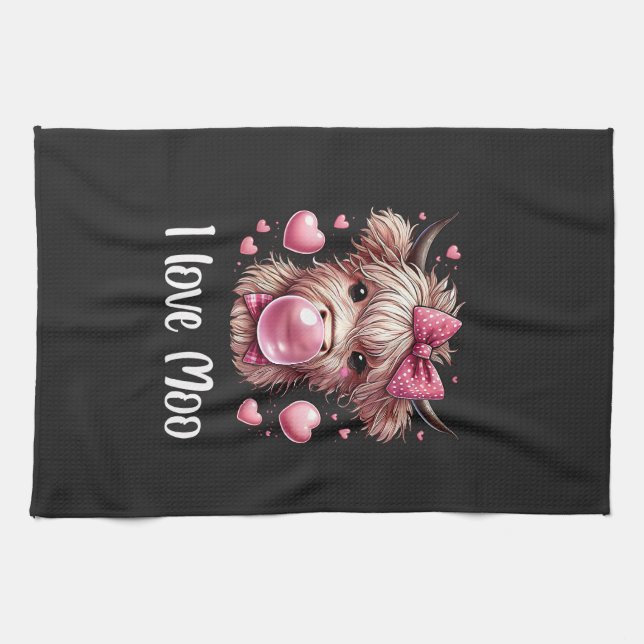 Välkomlig Valentine Highland Cow (vit text) Kökshandduk (Horisontell)