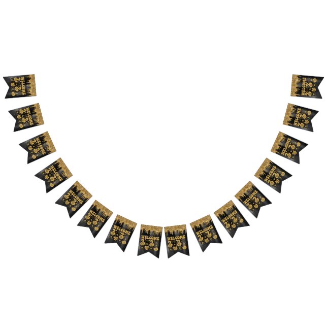 VÄLKOMMEN 2023 BLACK & GULD GLITTER DRIP-ANPASSNIN VIMPLAR (Alla)