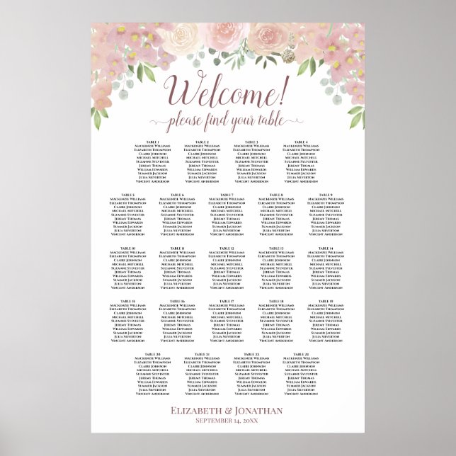 Välkommen 23 Bord Rosa Rosor Bröllops Sittplatskar Poster (Framsidan)