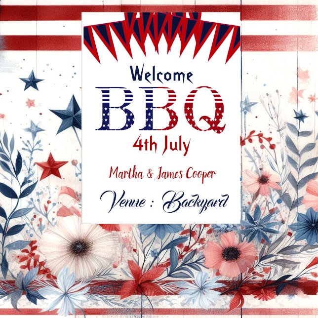 Välkommen 4:e juli BQ Röd blått Poster i Party (Welcome 4th July BBQ Party Red Blue Poster)