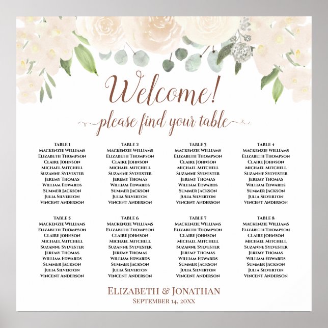 Välkommen! 8 Bord Blush Rosa Rosor Placeringsplan Poster (Framsidan)