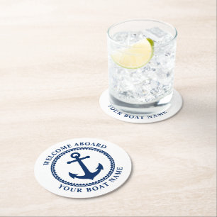 Välkommen Aboard Boat Namn Sea Anchor Blue White Underlägg Papper Rund