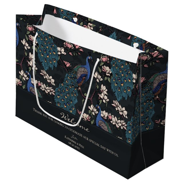 Välkommen Almost Black Floral Påfåglar (Framsidan Vinklad)