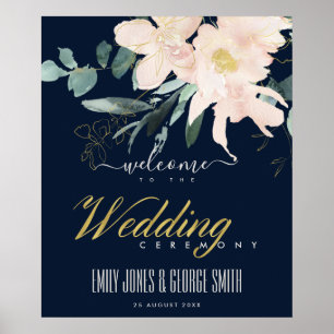VÄLKOMMEN AV NAVY BLOMMIGT VATTENCOLOR BRÖLLOP POSTER