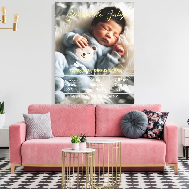 Välkommen Baby | Anpassningsbar Foto Newborn Stats Canvastryck (Insitu (Vardagsrum))