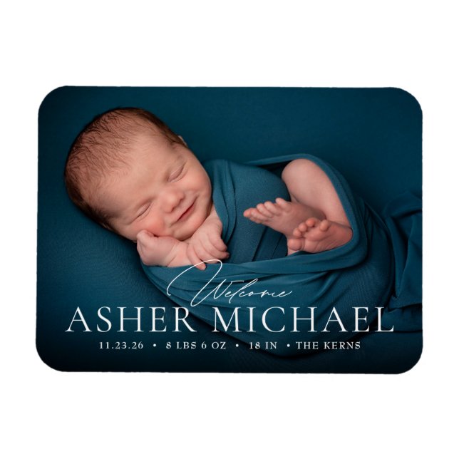 Välkommen Baby Birth Photo Announcement Boy Magnet (Horisontell)