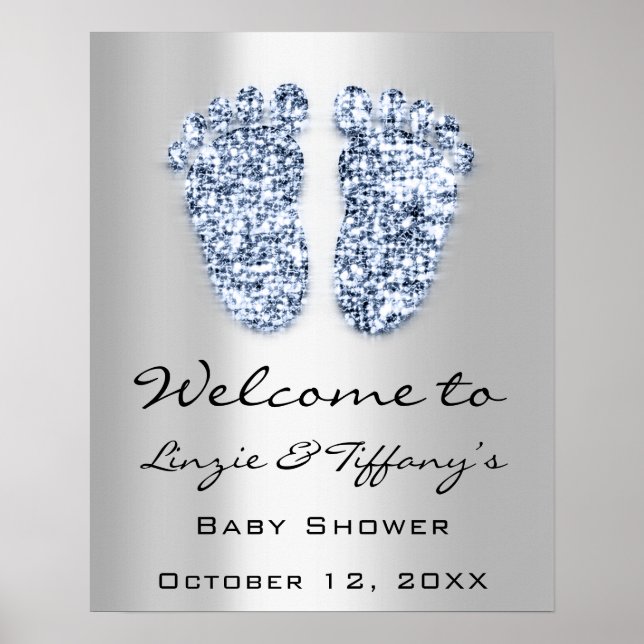 Välkommen Baby Blue Feet Baby Shower Pojke Silver Poster (Framsidan)