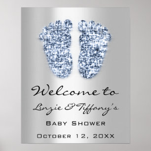 Välkommen Baby Blue Fötter Baby Shower Pojke Silv Poster