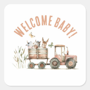 Välkommen Baby Country Farm Blommig Pappers Tallri Fyrkantigt Klistermärke