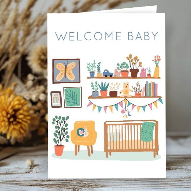 VÄLKOMMEN BABY Cute Nursery Kön Neutral Congrats Kort (WELCOME BABY Cute Nursery Gender Neutral Congratulations Card
)