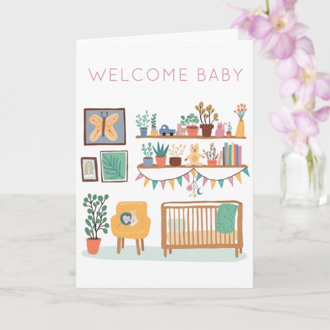 VÄLKOMMEN BABY Cute Nursery Kön Neutral Congrats Kort (Orkide)