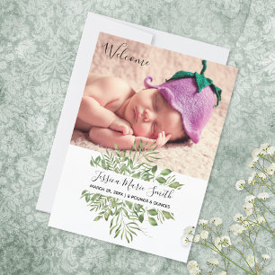 Välkommen Baby Greenery Photo Birth Meddelande
