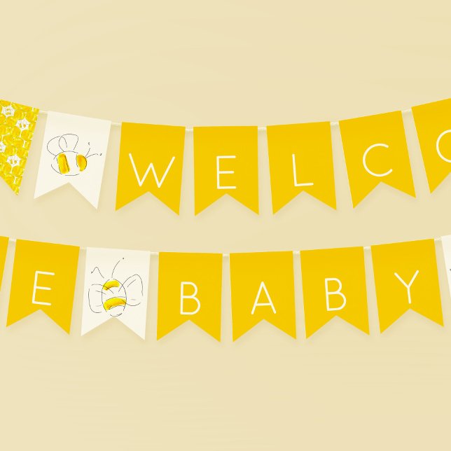 Välkommen Baby Gult Watercolor Humla Vimplar (Baby Bee Baby Shower golden yellow bunting flags.)