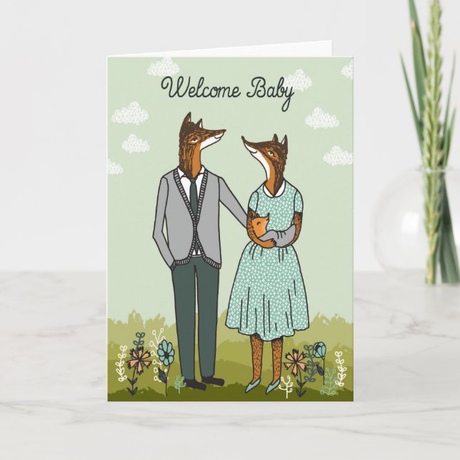 Välkommen Baby - Hipster Foxes Baby-kort Meddelande (Framsida)