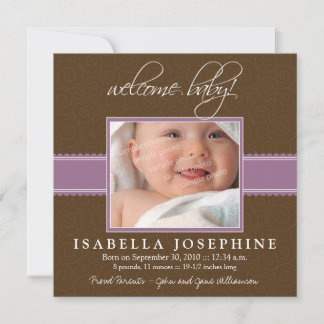 Välkommen Baby! Lila Ribbon Birth Notice Meddelande
