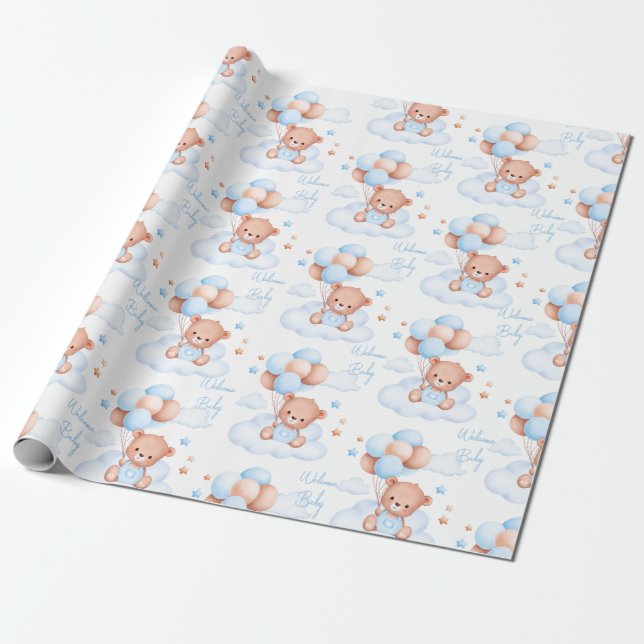 Välkommen baby nalle på molnsknappar presentpapper (Utrullad)