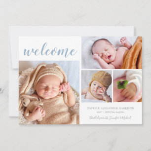 Välkommen Baby Photo Collage Blue Birth Meddelande