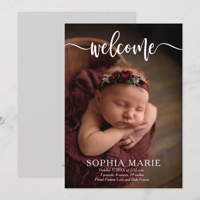 Välkommen Baby Photo Tillkännagivande för födelse (Fram/baksida)