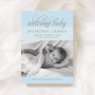 Välkommen Baby Pojke Elegant Ljusblå Foto Födelse Meddelande