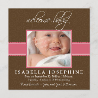 Välkommen Baby! Rosa Ribbon Birth Notice Meddelande