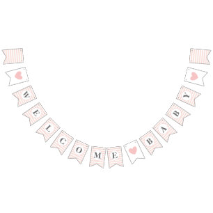 Välkommen Baby Rosa Vit Rand Flicka Baby Shower Vimplar
