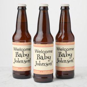 Välkommen Baby Shower Persika Gul Geometrisk Mönst Ölflaska Etikett