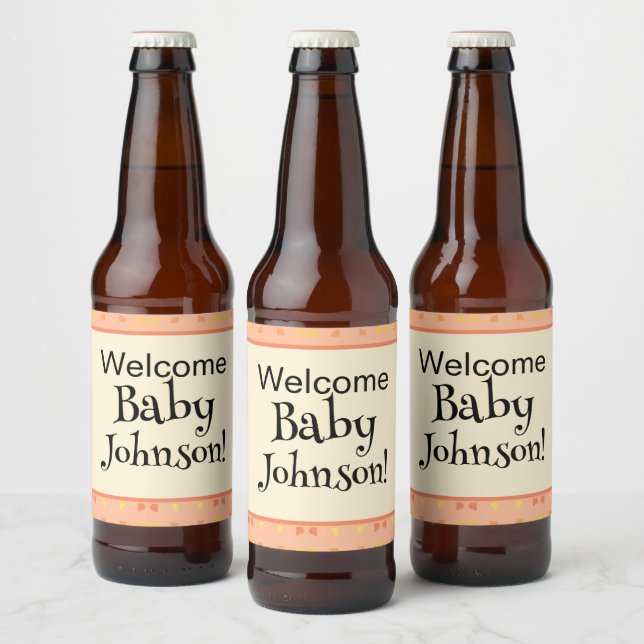 Välkommen Baby Shower Persika Gul Geometrisk Mönst Ölflaska Etikett (Flaskor)