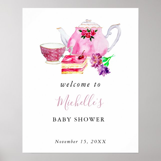 Välkommen Baby Shower Tea Party Rosa Akvarell Poster (Framsidan)