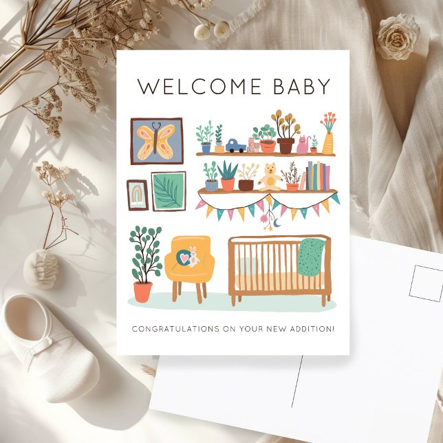 VÄLKOMMEN BABY Söt Barnkammare Könsneutralt Gratti Vykort (WELCOME BABY Cute Nursery Gender Neutral Congratulations New Baby Postcard
)