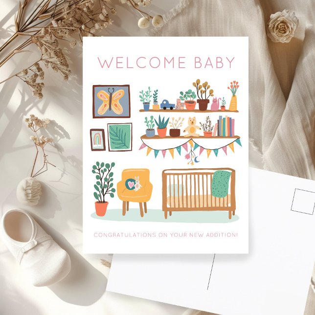 VÄLKOMMEN BABY Söt Barnkammare Könsneutralt Gratti Vykort (WELCOME BABY Cute Nursery Gender Neutral Congratulations New Baby Girl Postcard
)