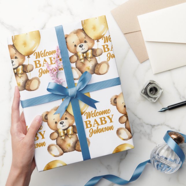 Välkommen baby söt nalle guld-ballong anpassningsb presentpapper (Gifting)