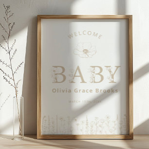 Välkommen Baby Wildflower Baby Shower Neutral Taup Poster