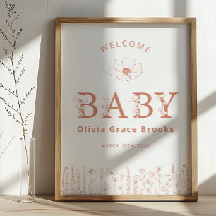 Välkommen Baby Wildflower Baby Shower Terrakotta Poster