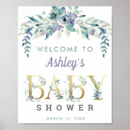 Välkommen babydusch för Watercolor Blue lila blomm Poster
