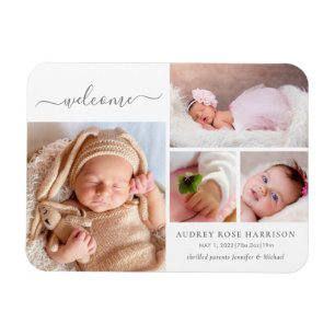 Välkommen Babyflicka Foto Collage Födelse Tillkänn Magnet