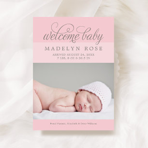 Välkommen Babyflicka Rosa Skript Foto Födelse Meddelande