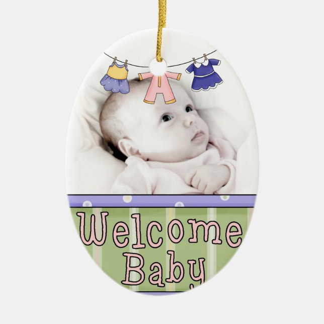Välkommen babyfotoprydnad - flicka julgransprydnad keramik (Framsidan)
