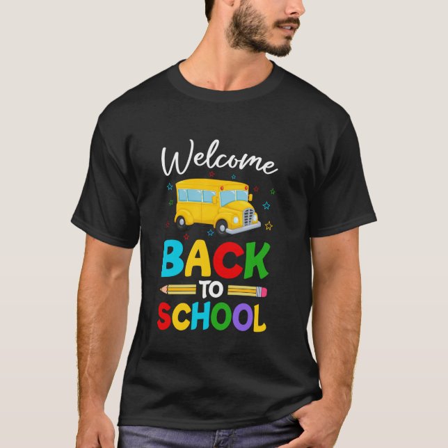Välkommen Back to school Buss Lycklig, första Scho T Shirt (Framsida)