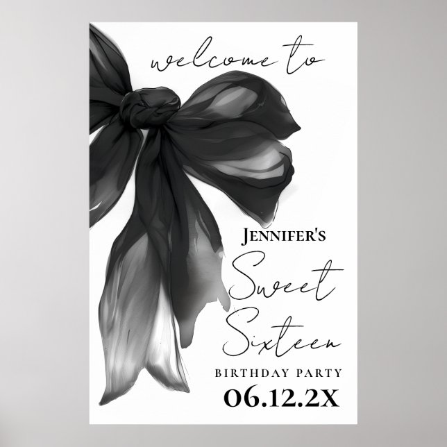 Välkommen Black Bow Coquette Script Sweet 16-fest Poster (Framsidan)