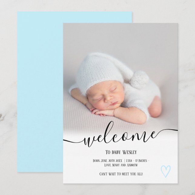 Välkommen blåskript, hjärtfotopojke baby födelse meddelande (Fram/baksida)
