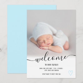Välkommen blåskript, hjärtfotopojke baby födelse meddelande