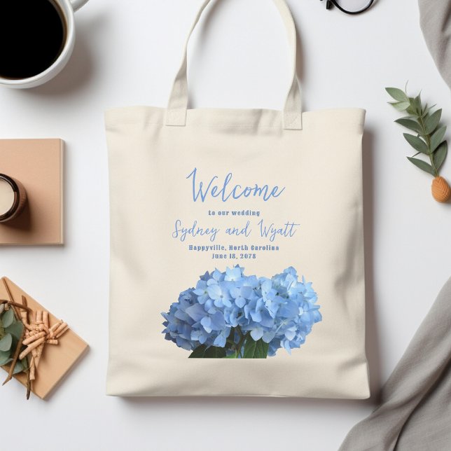 Välkommen Bröllop Bags Light Blue Hydrangeas Tygkasse (Skapare uppladdad)