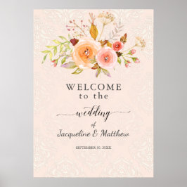 Välkommen Bröllop Blommigt Damask Watercolor Poster