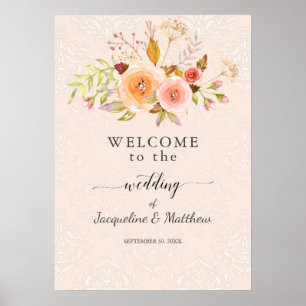 Välkommen Bröllop Blommigt Damask Watercolor Poster